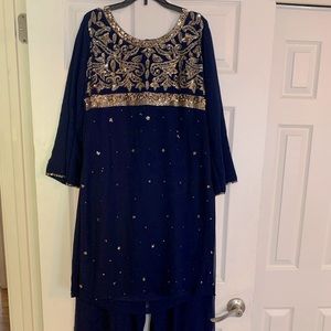2 piece kurta & straight leg trousers navy blue